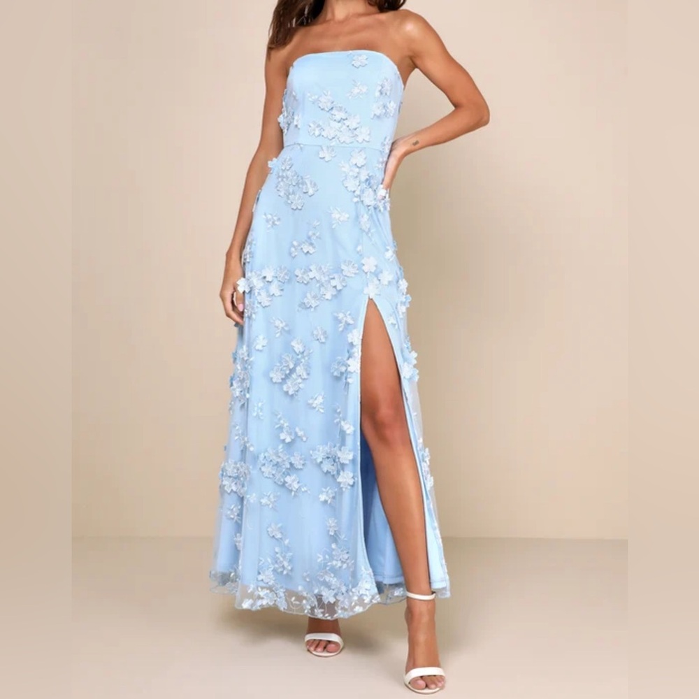 Lulus Rare Presence Powder Blue 3D Floral Embroidered Maxi Dress